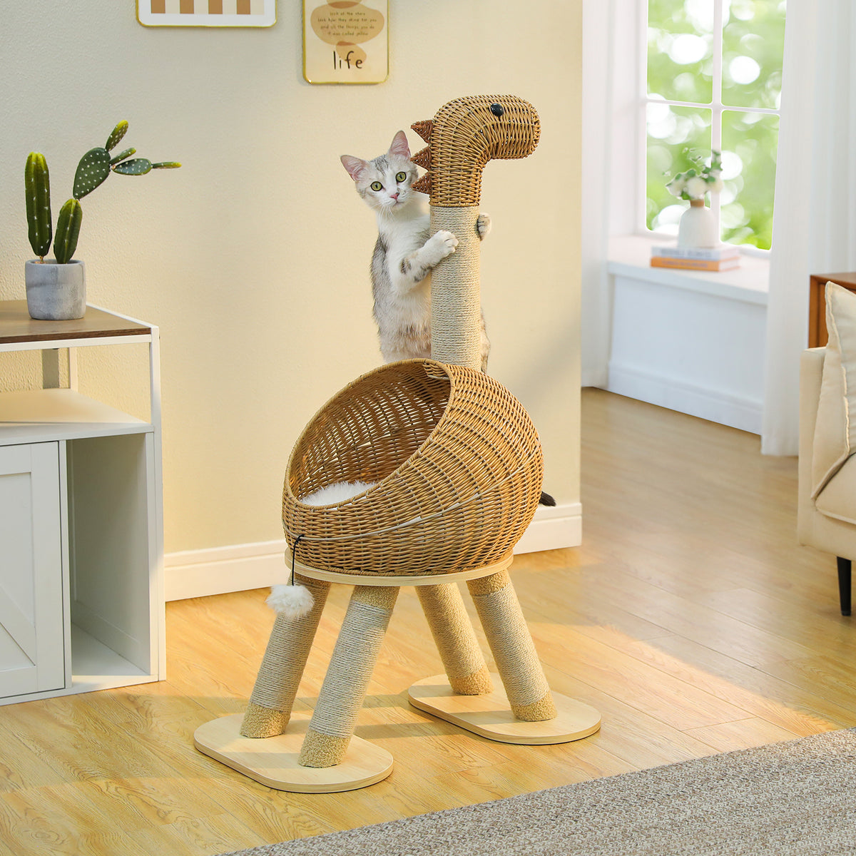 Kratzbaum für Katzen, 116 cm – Rattan-Dinohöhle