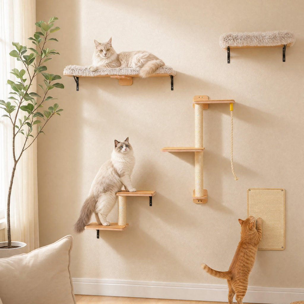 Three cats on a cat tree with shelves and a scratching post against a beige wall.