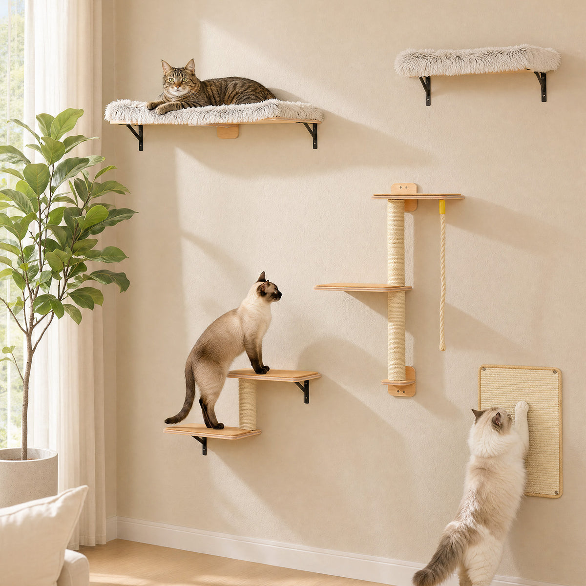 5-in-1 Katzenwand Set mit Kratzflächen – Natur