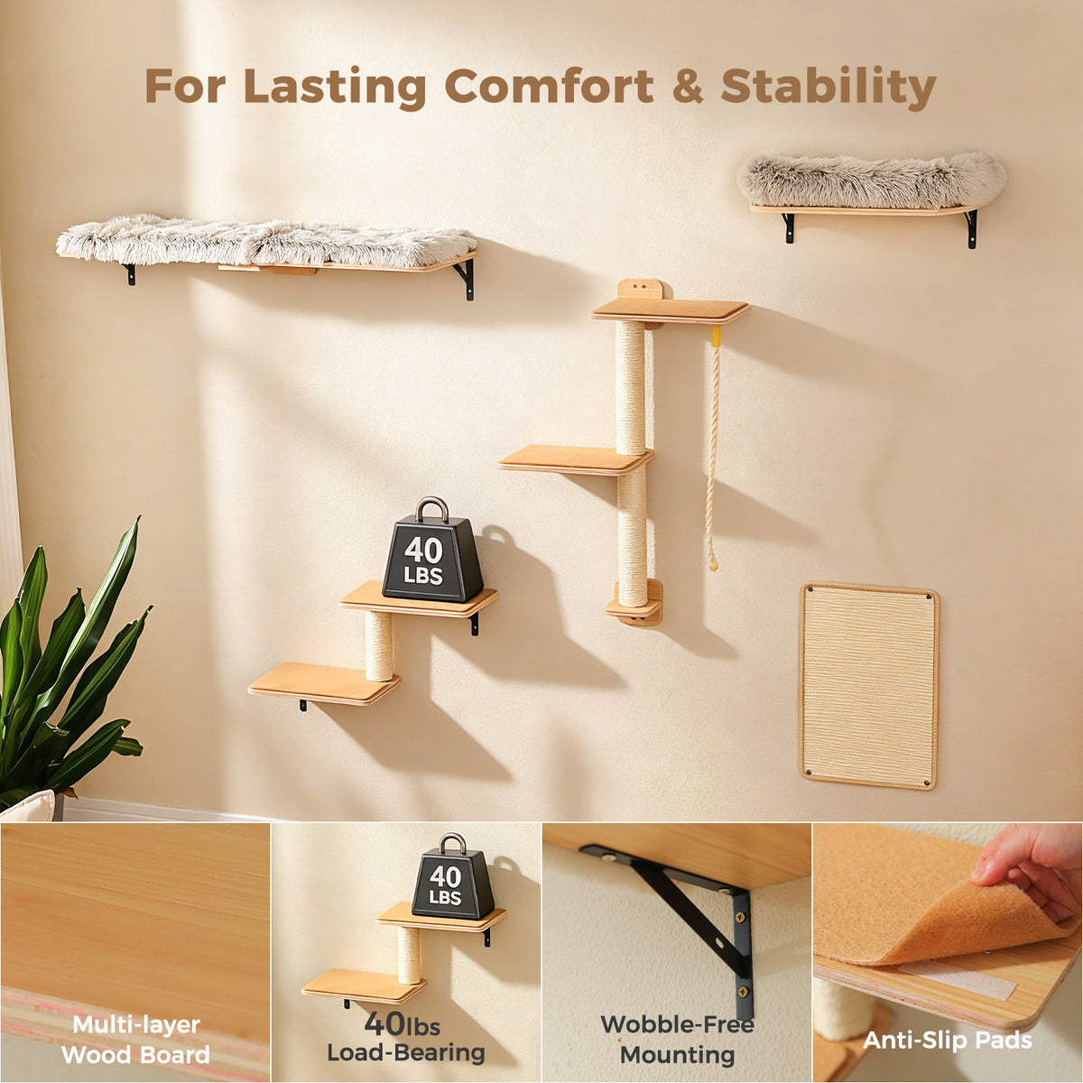 5-in-1 Katzenwand Set mit Kratzflächen – Natur