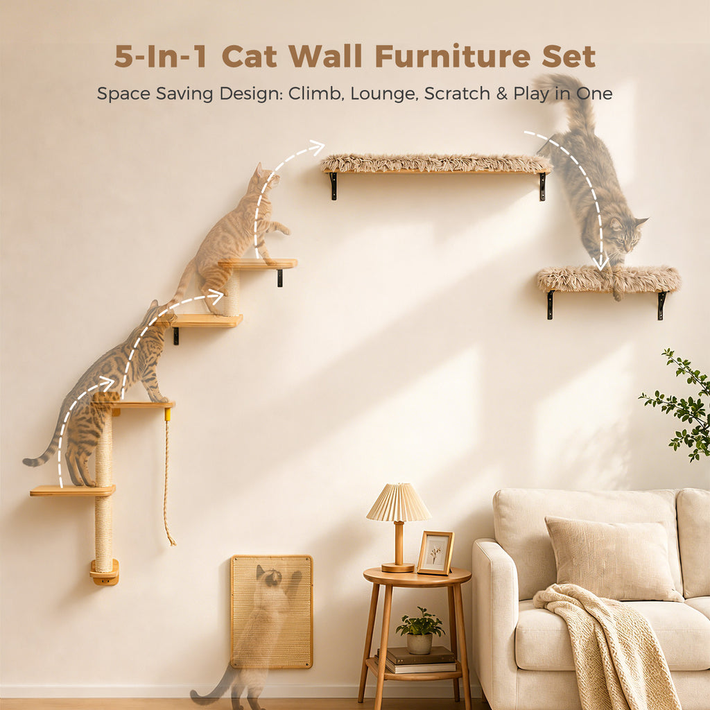 5-in-1 Katzenwand Set mit Kratzflächen – Natur