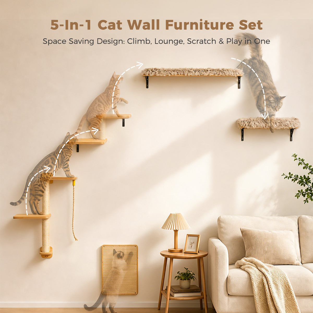 5-in-1 Katzenwand Set mit Kratzflächen – Natur