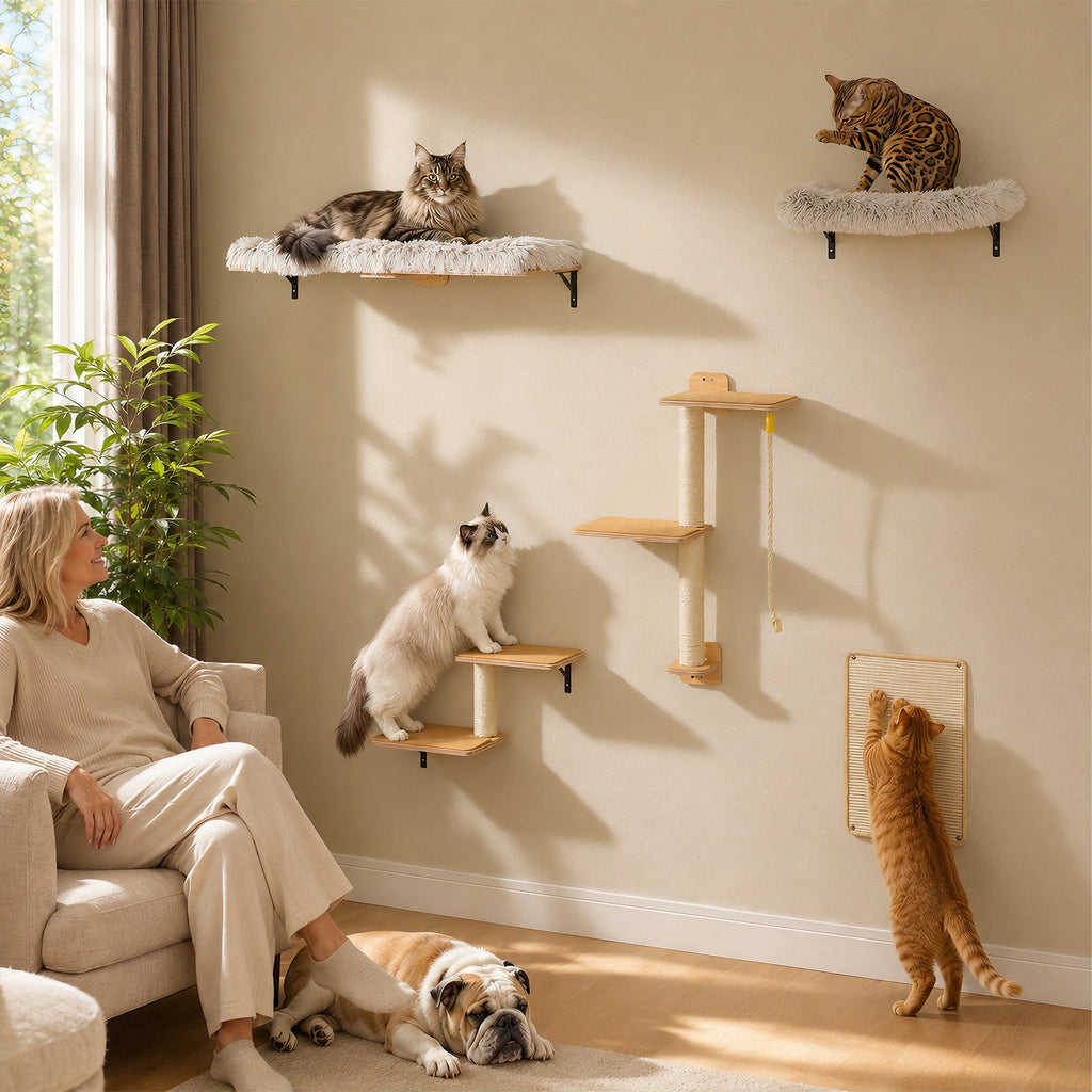 5-in-1 Katzenwand Set mit Kratzflächen – Natur