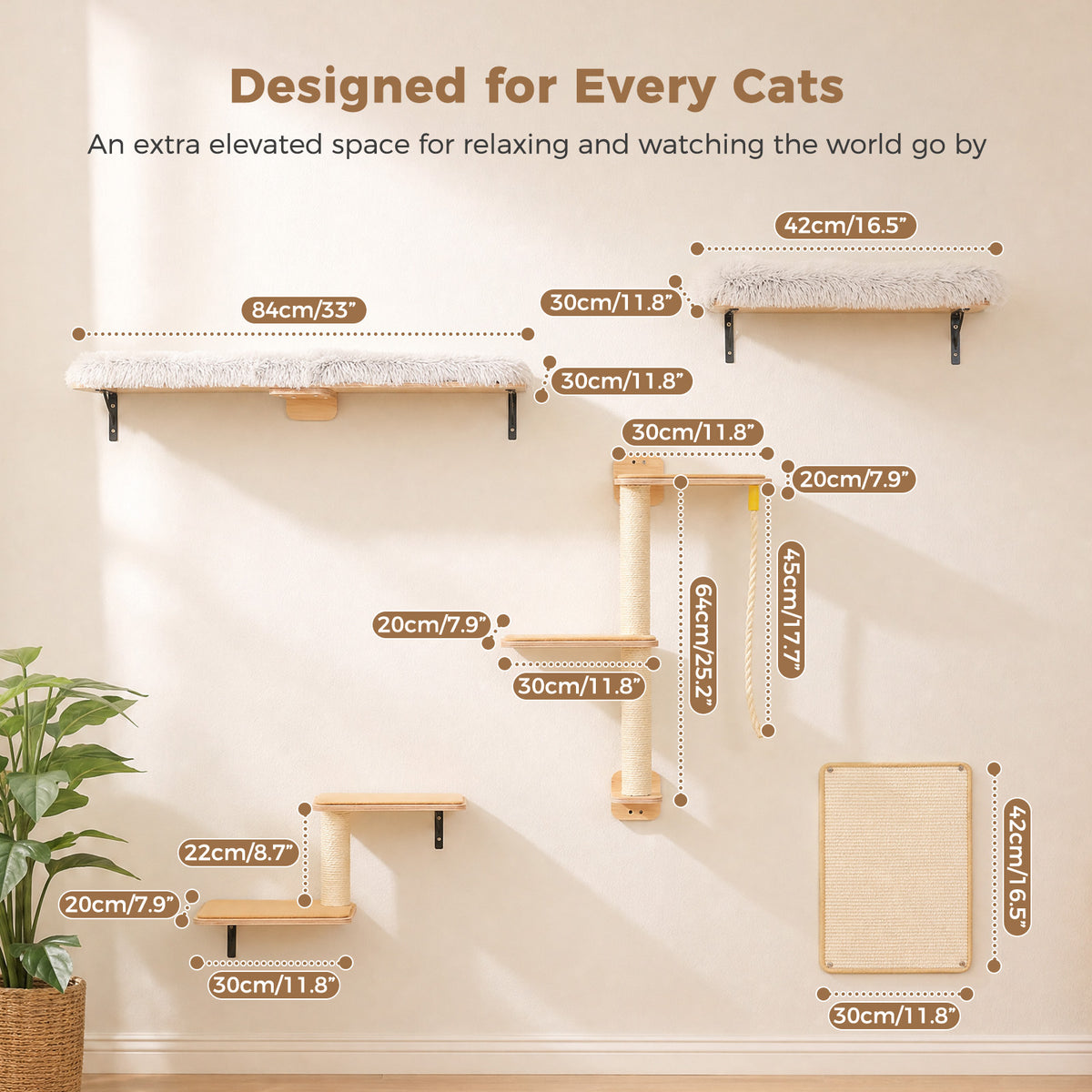 5-in-1 Katzenwand Set mit Kratzflächen – Natur