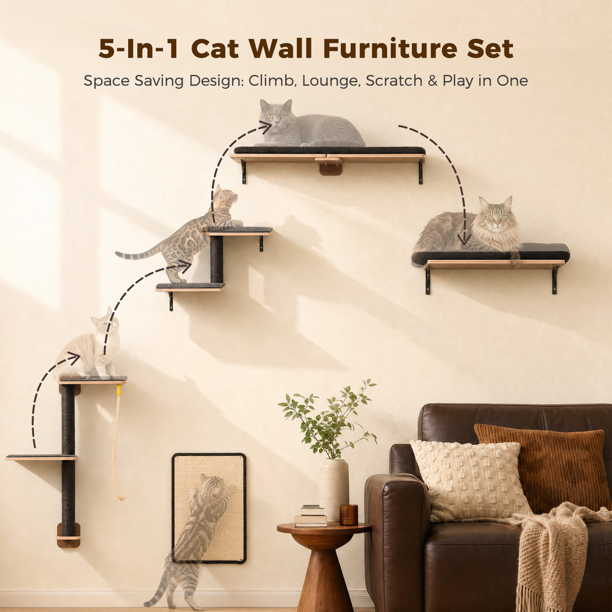5-in-1 Katzenwand Set mit Kratzflächen – Schwarz