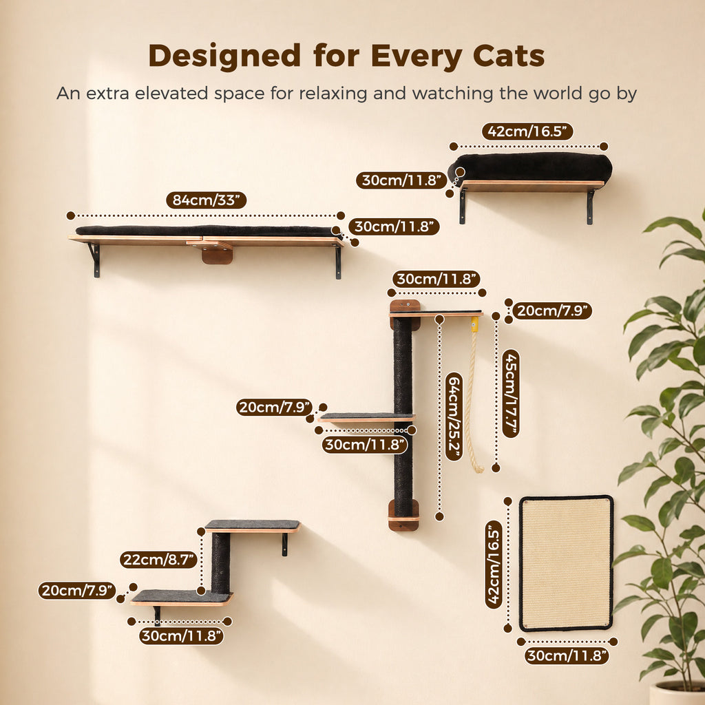 5-in-1 Katzenwand Set mit Kratzflächen – Schwarz