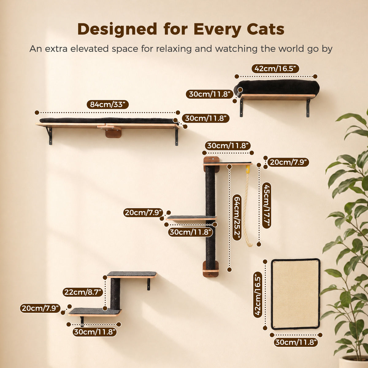 5-in-1 Katzenwand Set mit Kratzflächen – Schwarz