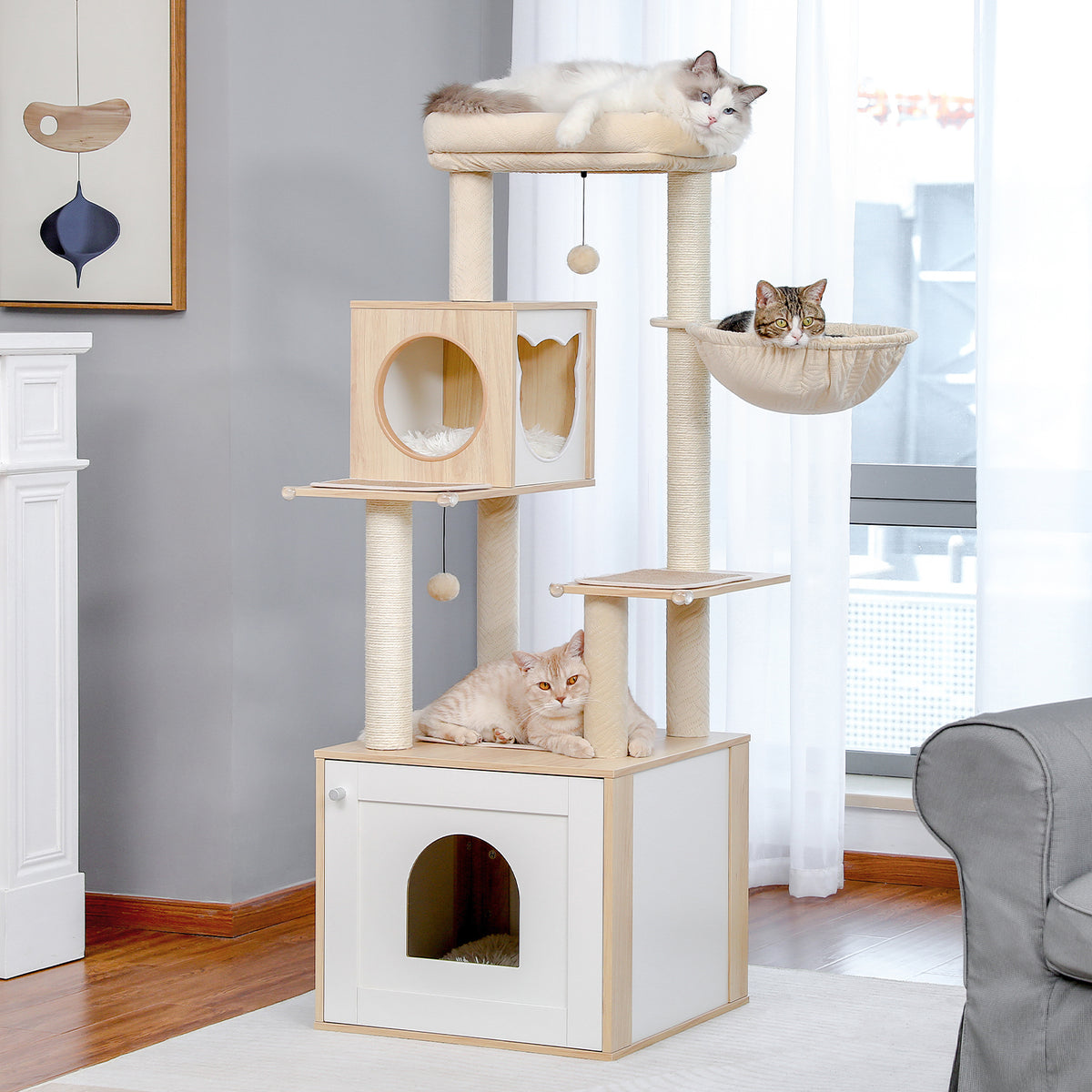 Katzenkratzbaum mit Katzenkloschrank, 144 cm, Beige