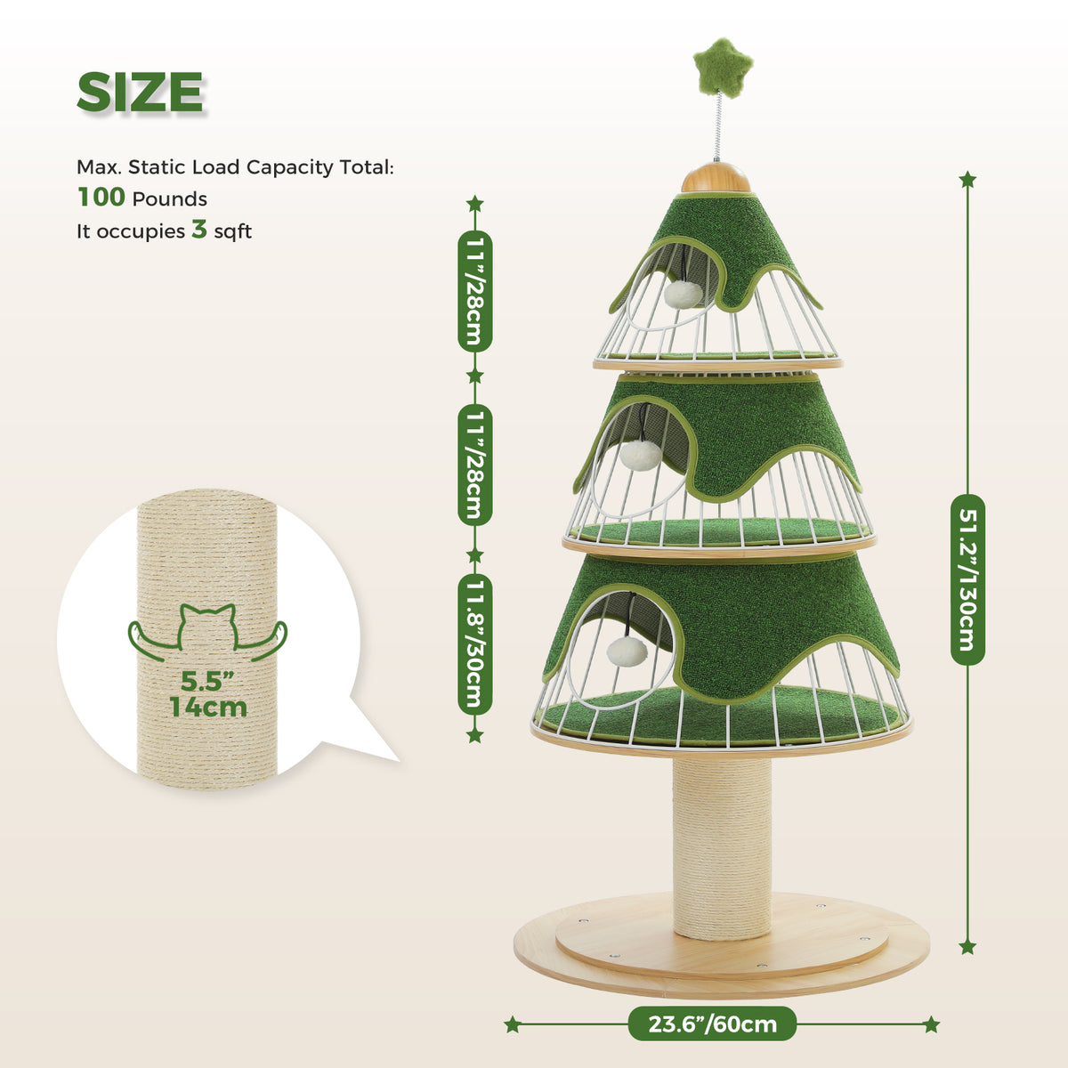 Katzenkratzbaum Tannenbaum, 130 cm, Grün